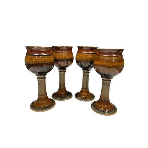 Studio Pottery Wine Goblets/Chalices (4) Hand Crafted Artist JT Brown Cream 7" - Picture 4 of 16